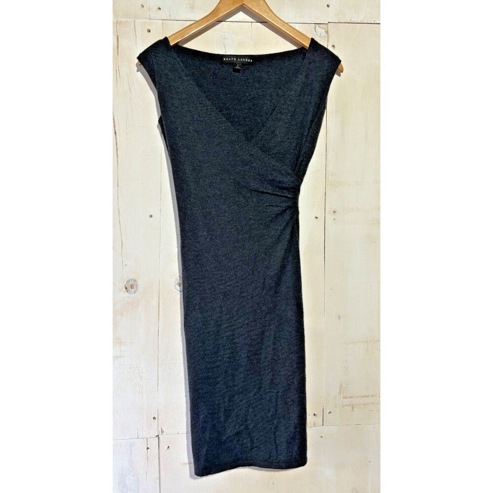 Ralph Lauren Sheath Dress Womens Sz S Charcoal Grey Ruched Surplice Knit